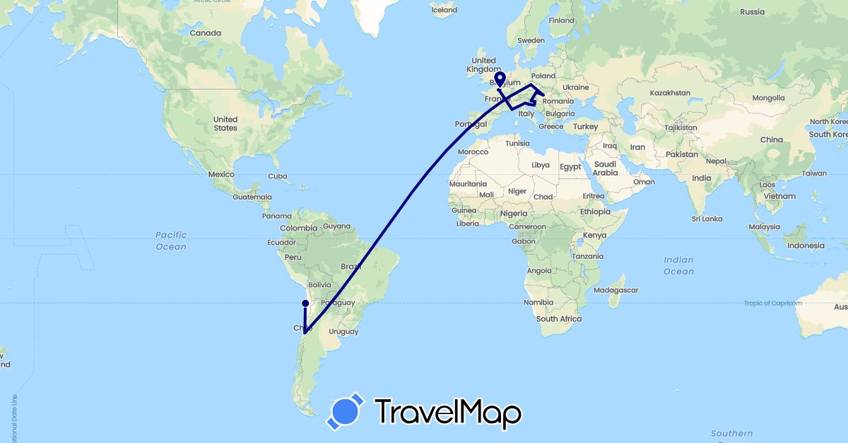 TravelMap itinerary: driving in Austria, Chile, Czech Republic, France, Croatia, Hungary, Italy, Monaco, Slovenia (Europe, South America)